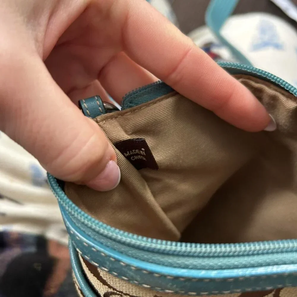 Coach Signature Canvas Leather Swingpack Crossbody bag in brown and teal - Picture 7 of 7